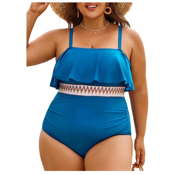 Womens Plus Size One Piece Swimsuit Ruffle Trim Tummy Control blue size 3X - Picture 2 of 16